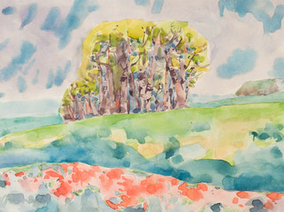 Watercolor spring bright color trees, clouds and field.