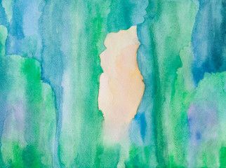Watercolor background with emerald green and blue trees and light area at the center.