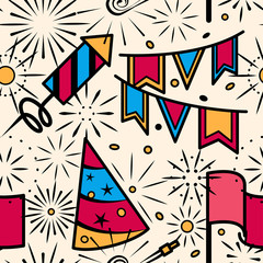Party celebration with fireworks seamless pattern. Vector illustration