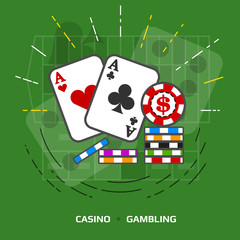 Flat illustration of gambling against green background. Flat design of playing cards and casino chips. Vector image about game of chance, poker, casino, luck, betting, jackpot, gambling, hazard, etc