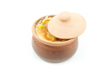 Thai dessert in clay pots,Mung Bean Thai Custard Dessert on white background,thai food style