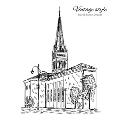 Vector hand drawn sketch catholic church, walking city european street with street lamps, trees isolated on white background, vintage engraving style for touristic postcard, poster, calendar template