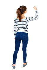 back view of writing beautiful woman. Rear view people collection.  backside view of person. Isolated over white background. Girl in a striped sweater thoughtfully draws a pen.