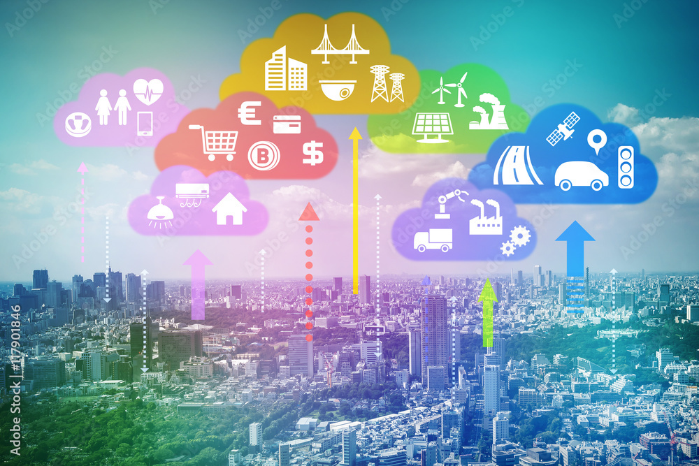 Aufkleber CPS (Cyber-Physical Systems) concept abstract image, various information upload to cloud and analytical data download to real world, Cloud Computing, Internet of Things