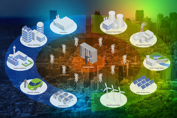 Smart Grid conceptual abstract. Various architectures and applications about renewable energy and...
