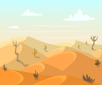 Desert landscape with cactuses and trees. Vector illustration in cartoon style
