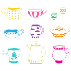 Vector doodle of cartoon cups for tea or coffee on white backgro