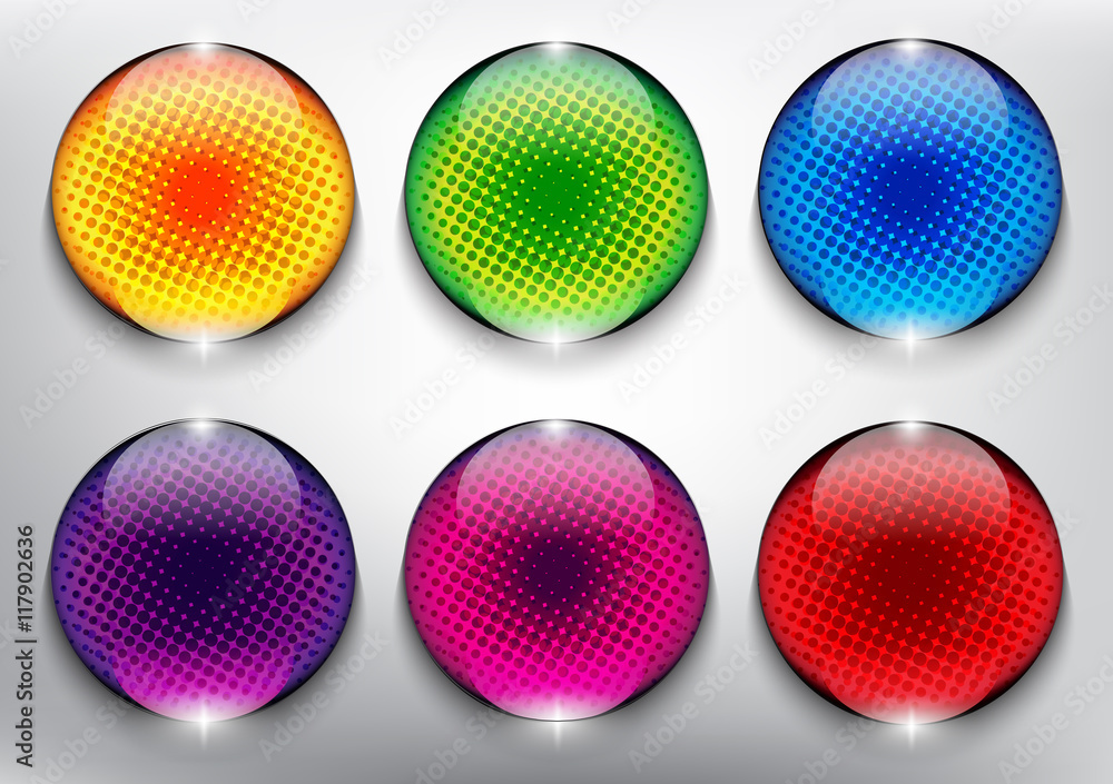 Wall mural abstract vector web buttons set of 6. colorful and glossy on the black panel. vector illustration. e