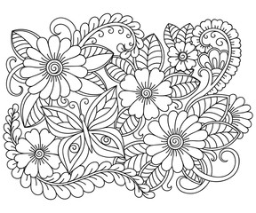Doodle pattern in black and white. Floral pattern for coloring book. Zentangle art drawing pattern.
