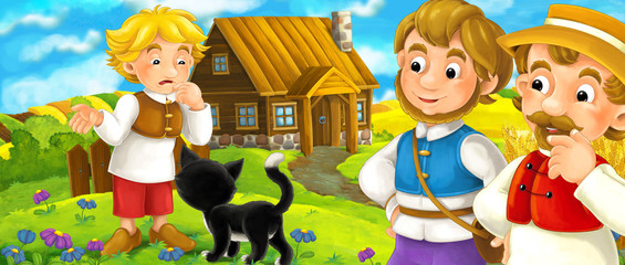 Cartoon scene with farmers family - beautiful farm scene - illustration for children