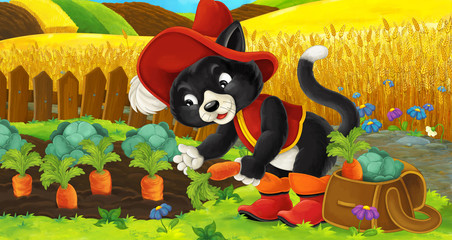 Obraz na płótnie Canvas Cartoon cat working in the field - gathering carrots - illustration for children