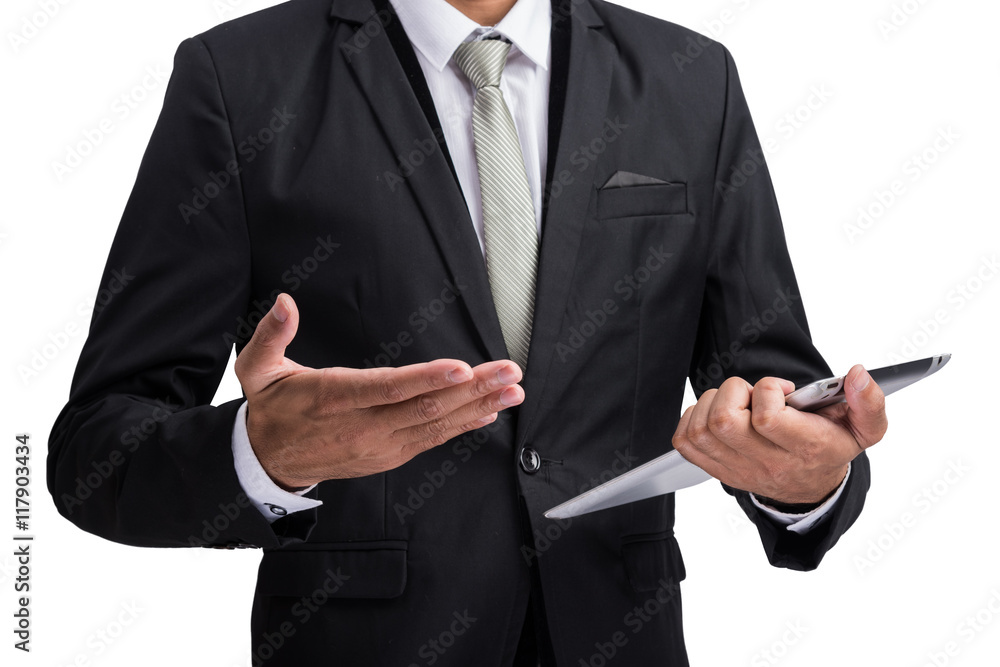 Aufkleber yong businessman holding digital tablet computer showing screen