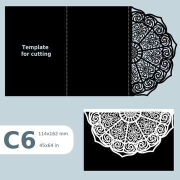 C6 paper openwork greeting card, template for cutting, lace invitation,  card with fold lines,  object isolated background, vector illustration