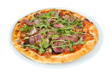 Pizza on a white background with tomato sauce, bacon and mushrooms.
