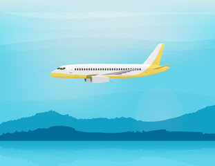 Fototapeta na wymiar Airplane flies in the sky. Side view. Cartoon vector illustration
