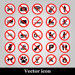 Set ban icons Prohibited symbols red circle signs on grey background