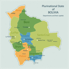 Naklejka premium Vector illustration of administrative map of Bolivia. Capital of country, departments and big cities. Flat design, clean look