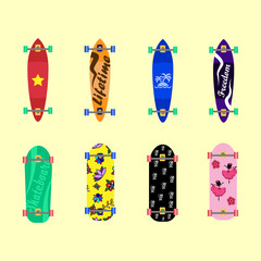 Set of skateboards on light yellow background, vector illustration