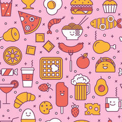 Fun vector seamless pattern with restaurant and fast food like coffee, pizza, wafer, burger, ice cream and Chinese plates. Pink, red and yellow colors. Smiling faces, iconic style, line art. - 117907261