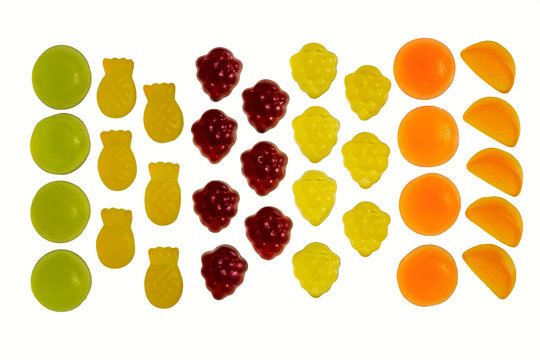 Fruit gummi candies assortment on white