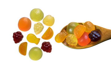 Fruit gummi candies assortment on white