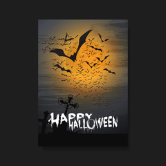 Happy Halloween Card, Flyer or Cover Template - Flying Bats Over the Cemetery in the Fog - Vector Illustration