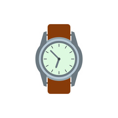 Wrist watch with brown leather strap icon in flat style on a white background