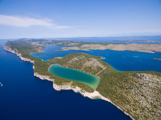 aerial view of the Slano lake in nature park Telascica, Croatia,