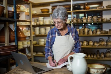 Female potter making note from laptop