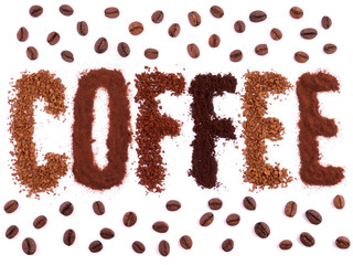 Надпись(coffee)  и зёрна кофе на белом фоне