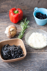 Ingredients for black pasta and vegetables