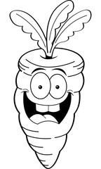 Black and white illustration of a smiling carrot.