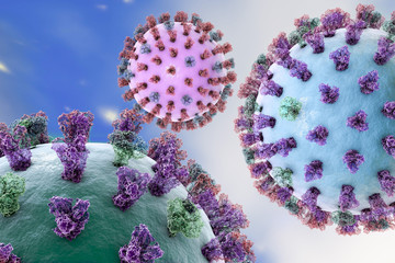 Influenza virus on colorful background showing surface glycoprotein spikes hemagglutinin and neuraminidase built using data of molecular structure from Protein data bank. 3D illustration