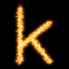 Lower case letter k with fire on black background- Helvetica font based