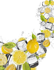 Lemon in water splash on white background