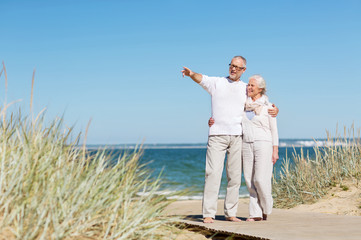 happy senior couple hugging on summer beach