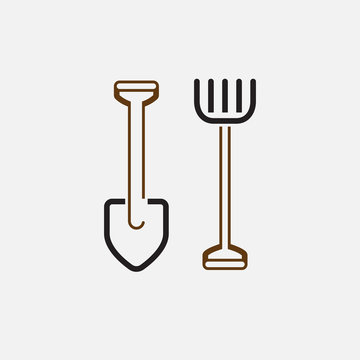 Shovel and rake line icon, outline vector logo illustration, linear pictogram isolated on white