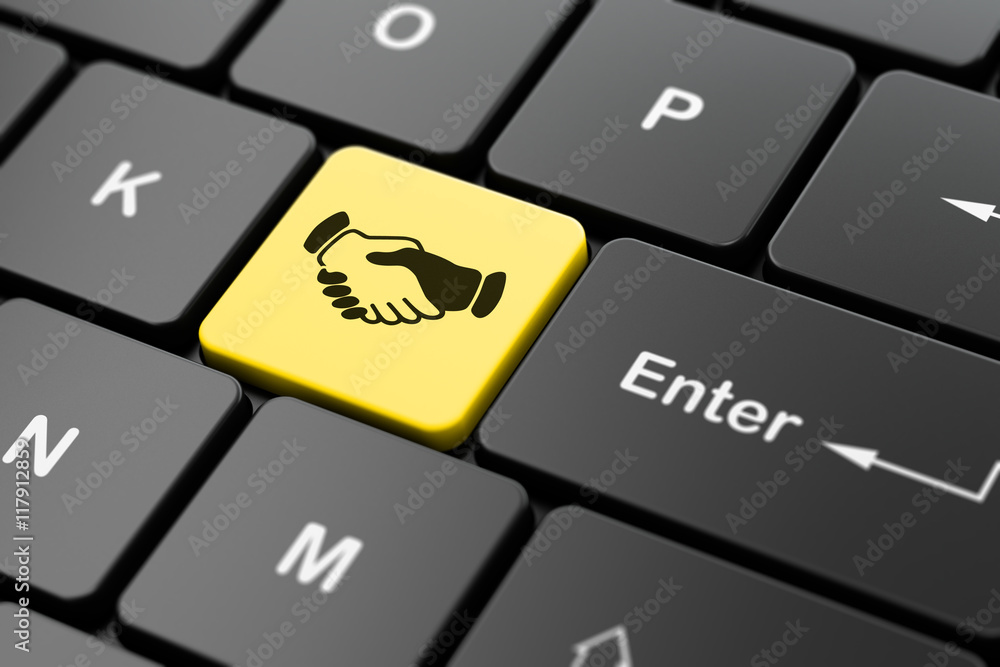 Poster business concept: handshake on computer keyboard background