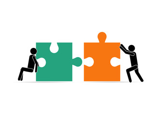 Solution to the problem together. business success concept, People move pieces of jigsaw puzzle for assembling success text cartoon vector illustration