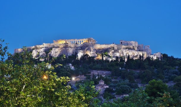 The ancient Greek Acropolis of Athens at night