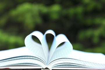 Open book on wooden table on natural background