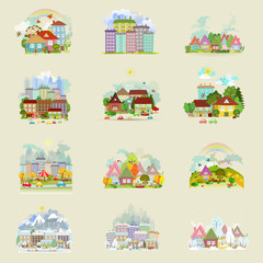 big collection of cute cityscape in different season for your de