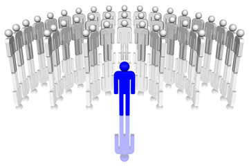 Leader Leadership verde 001_3
Leader. Persona blu davanti a persone di colore grigio.