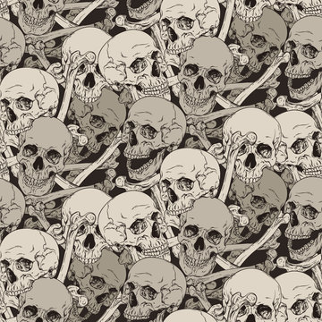 Seamless pattern with human skulls and bones illustration. Fabric design. JPG only
