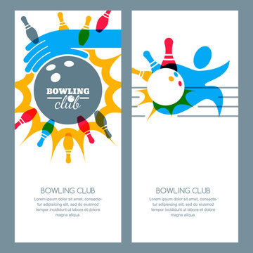 Set of bowling banner backgrounds, poster, flyer or label design elements. Abstract vector illustration of bowling game. Multicolor human silhouette, bowling ball and bowling pins.