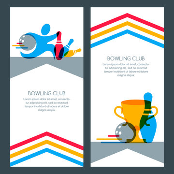 Set of bowling banner backgrounds, poster, flyer or label design elements. Abstract vector illustration of bowling game. Multicolor human silhouette, cup, bowling ball and bowling pins.