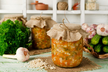 Soup in a jar. Pickle from barley and cucumber