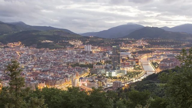 Time Lapse day to night of the city of Bilbao. 
