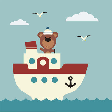 Funny bear sailor on bridge of ship. Icon sea travel. 