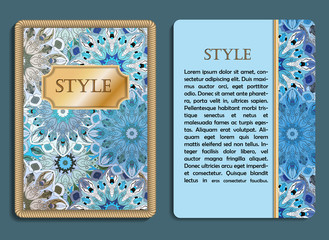 Congratulatory card and invitation card with mandala design in vintage oriental style. Flyer with abstract eastern design. Front page and back page.